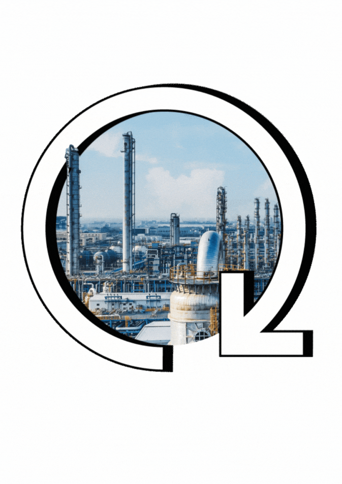 Animated industrial refinery complex framed by a bold black-and-white circular arrow graphic