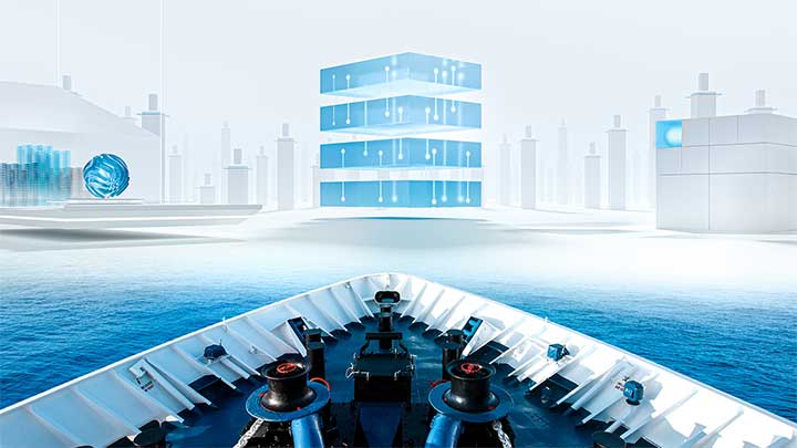 rendring of ship bow in front of city