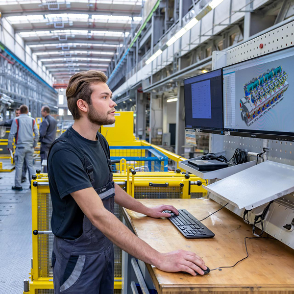 Worker looking at screen with 3D engine rendering