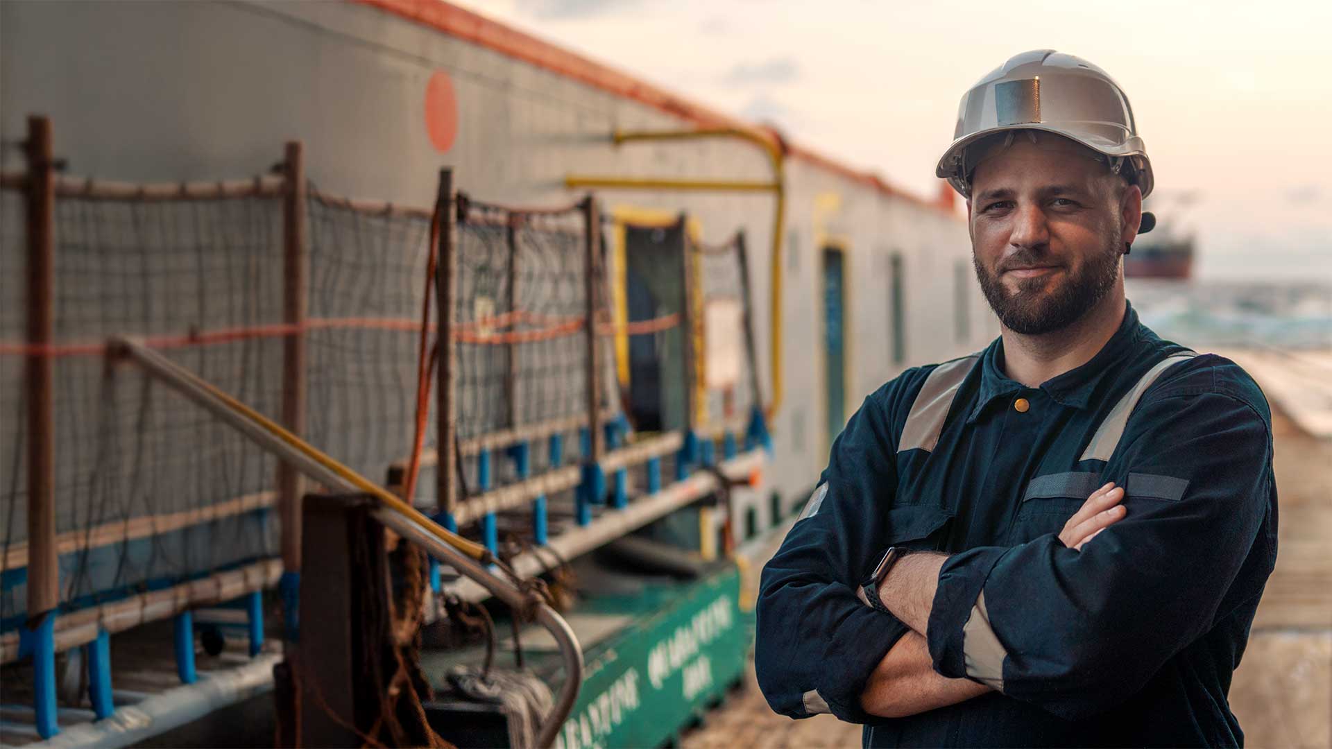 worker at habor looking into camera