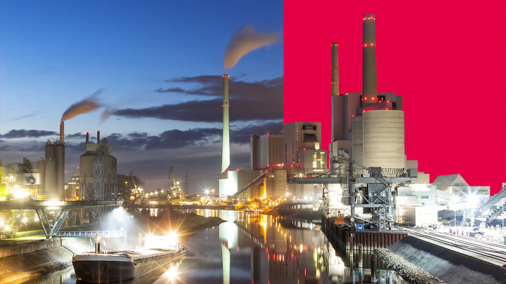 Split image of an industrial facility with smokestacks