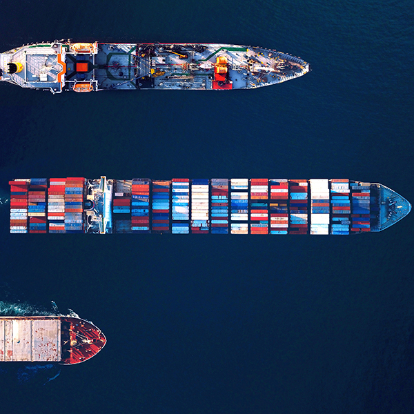 Top view of merchant vessels sailing