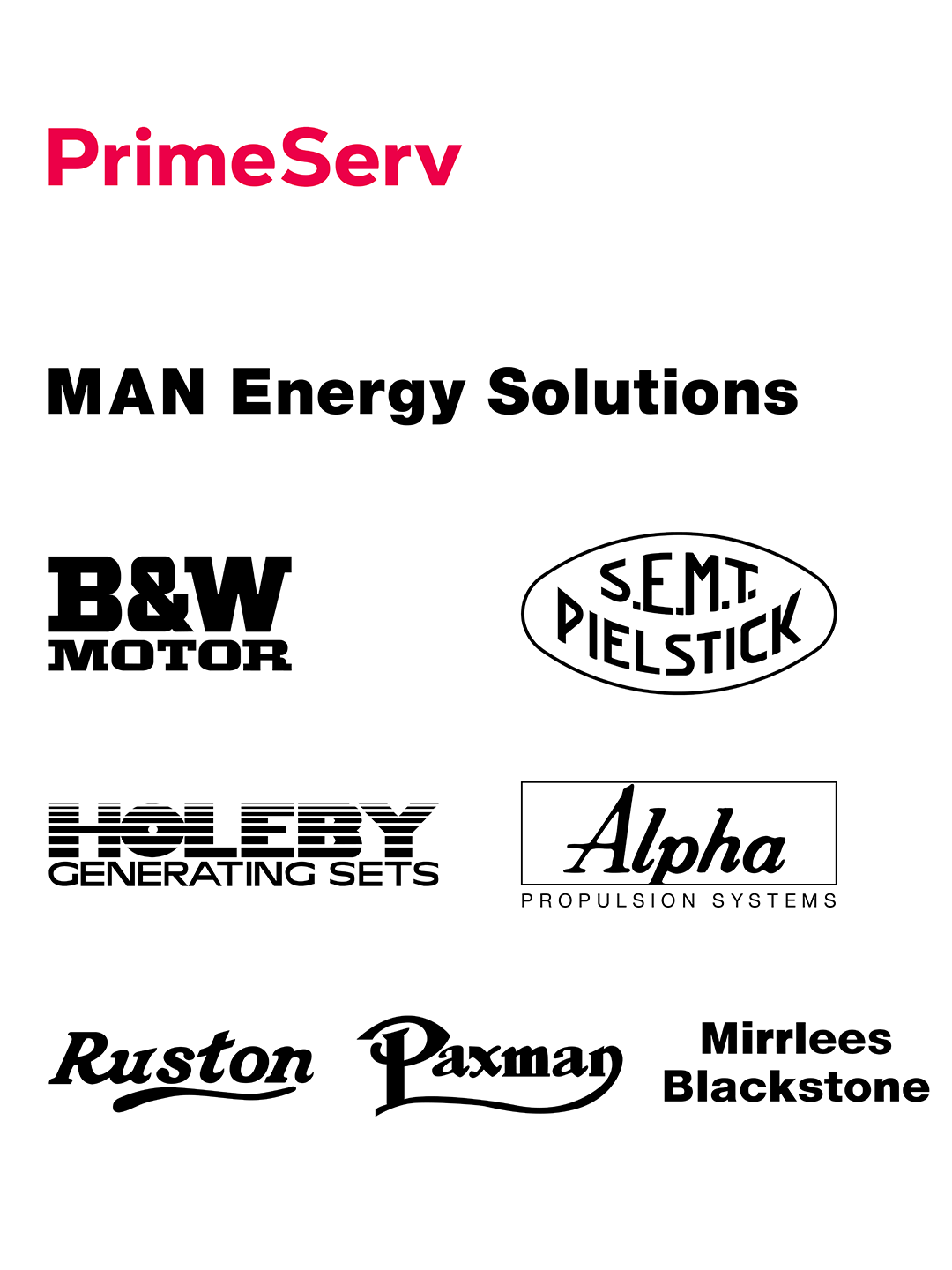 logos of different marine engine brands such as MAN Energy Solutions, Pielstick, Ruston, Paxman, B&W, Mirrless Blackstone