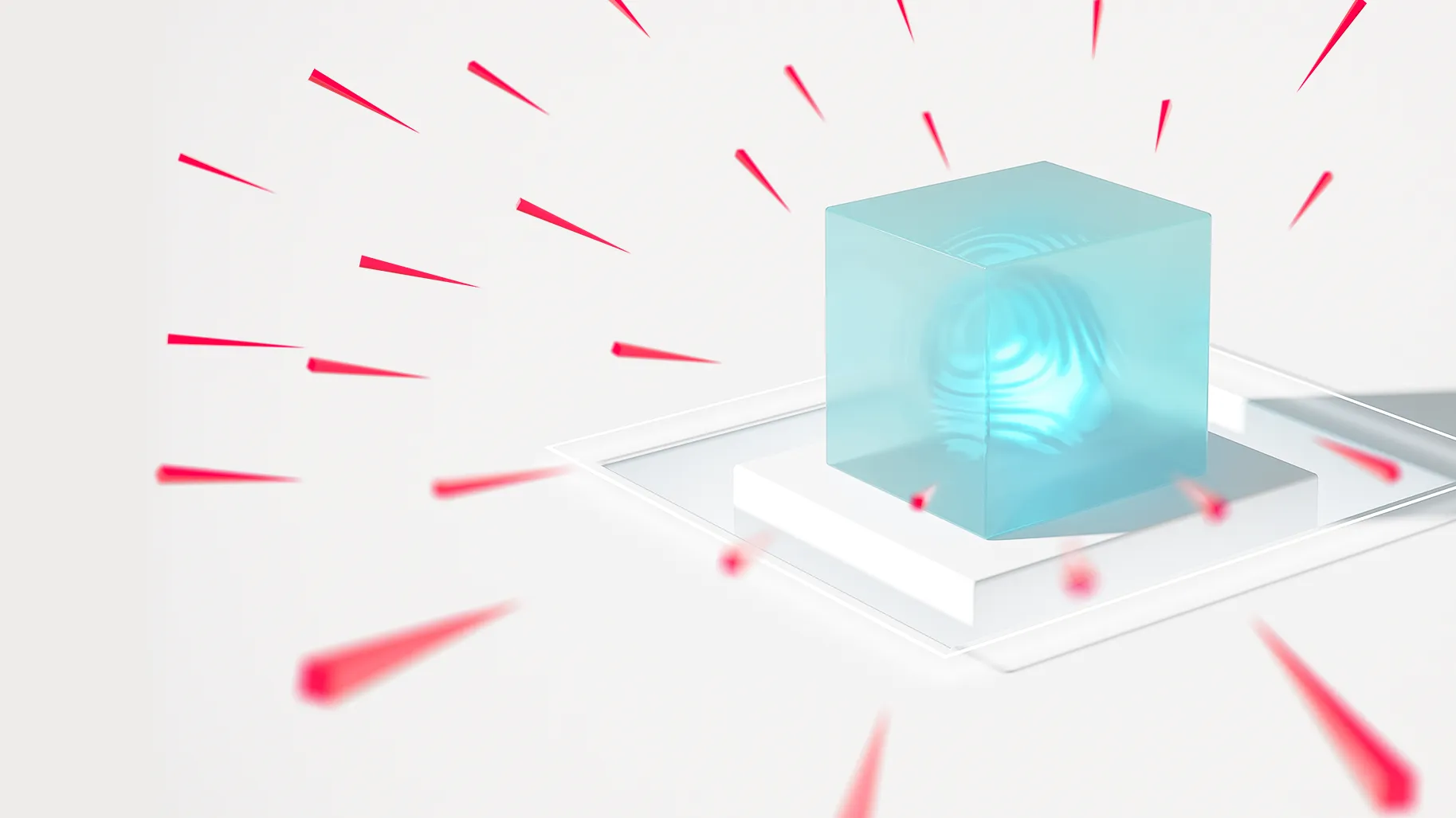 Abstract glowing cube with red rays symbolizing digital defense