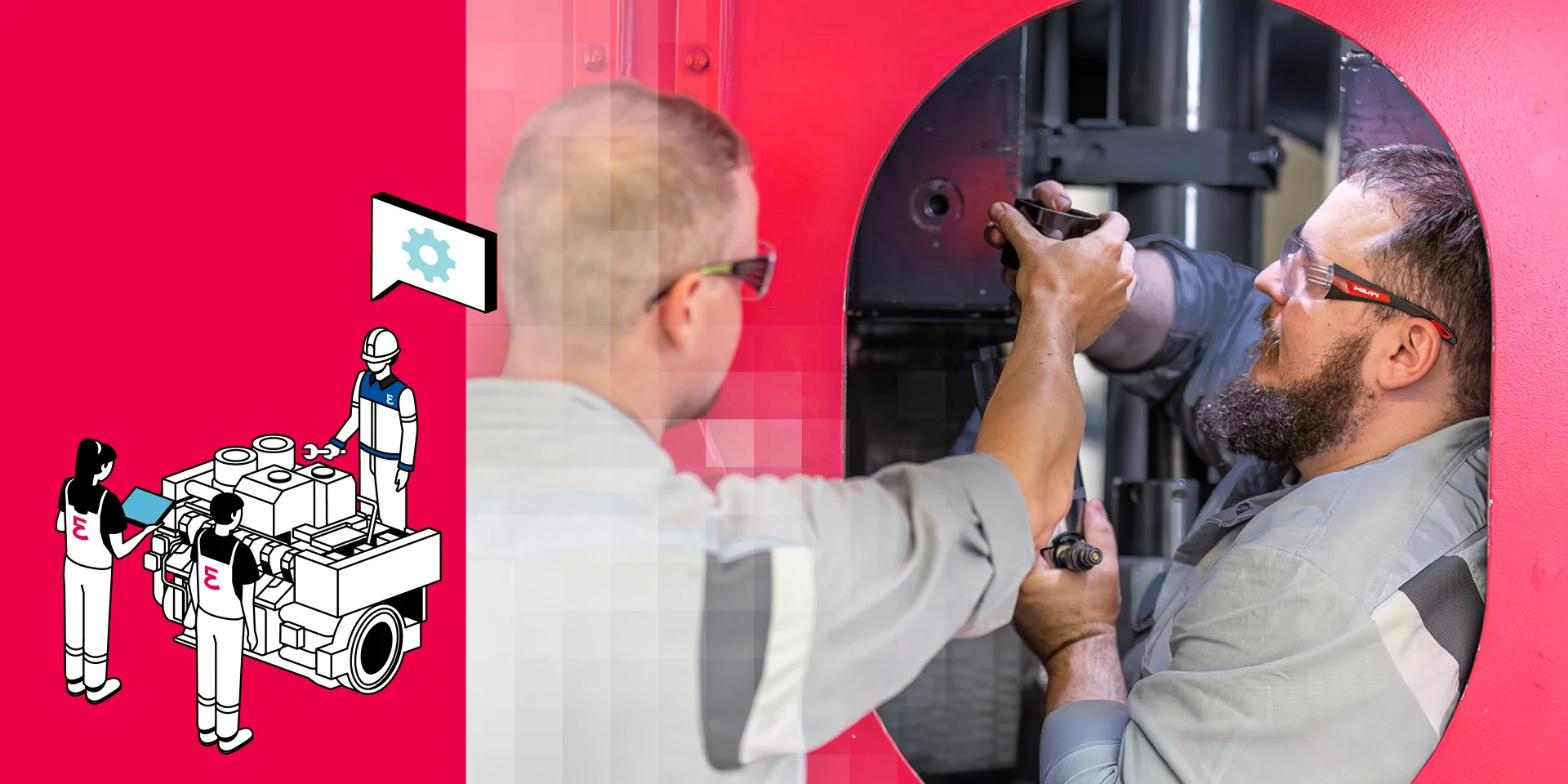 technicians servicing equipment beside a training illustration