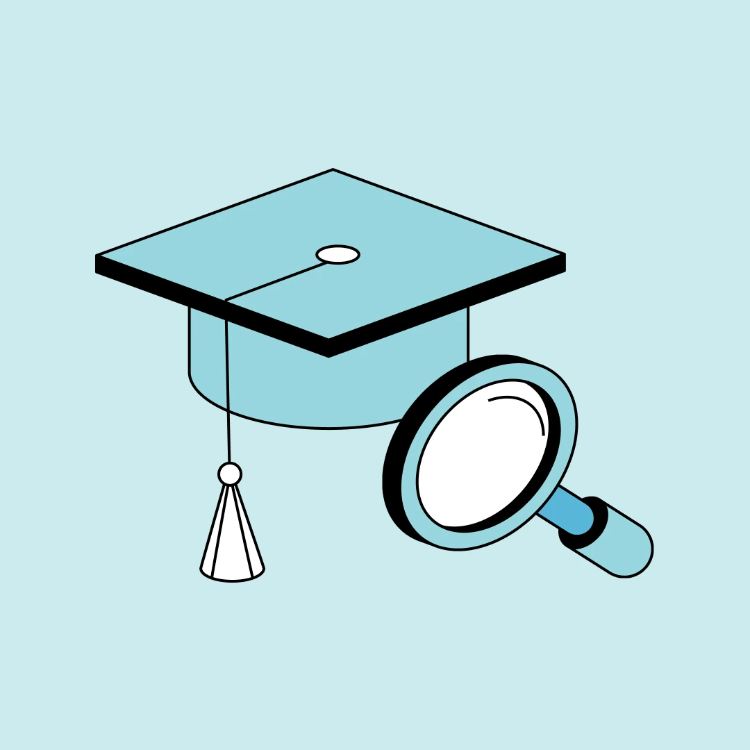illustration of graduation cap with a magnifying glass icon