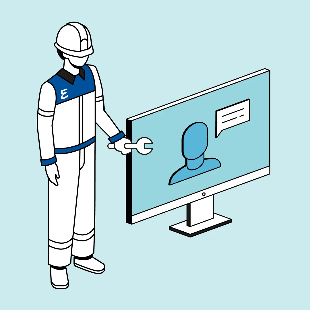 Illustration of instructor with wrench beside a screen showing online training