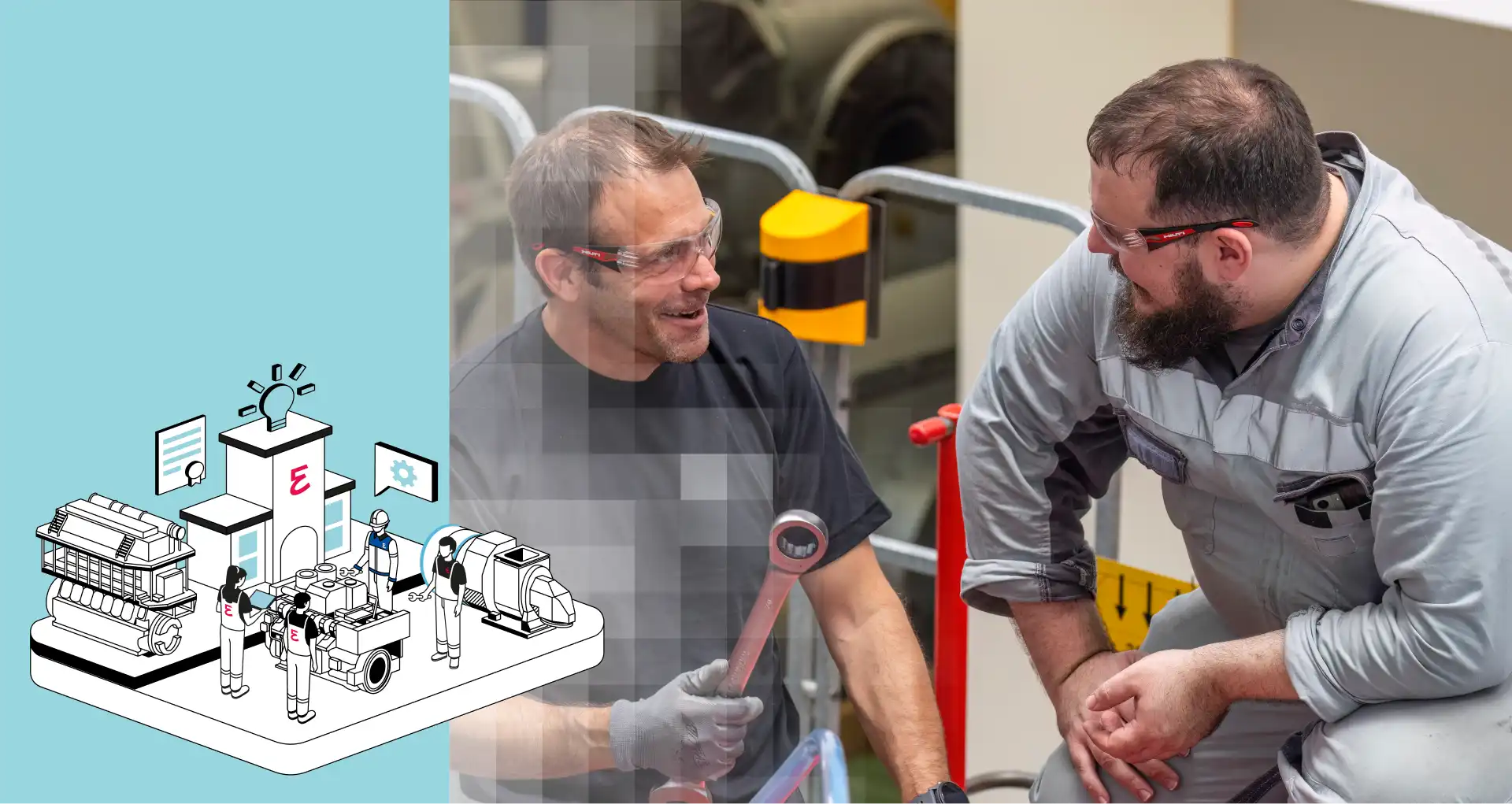 Technicians in safety glasses talking in a workshop, with an academy training illustration on the left.