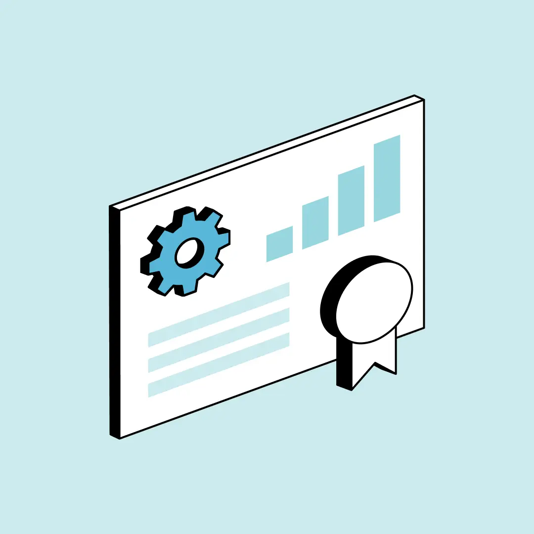 illustration of training certificate with gear, bar chart, and award ribbon.
