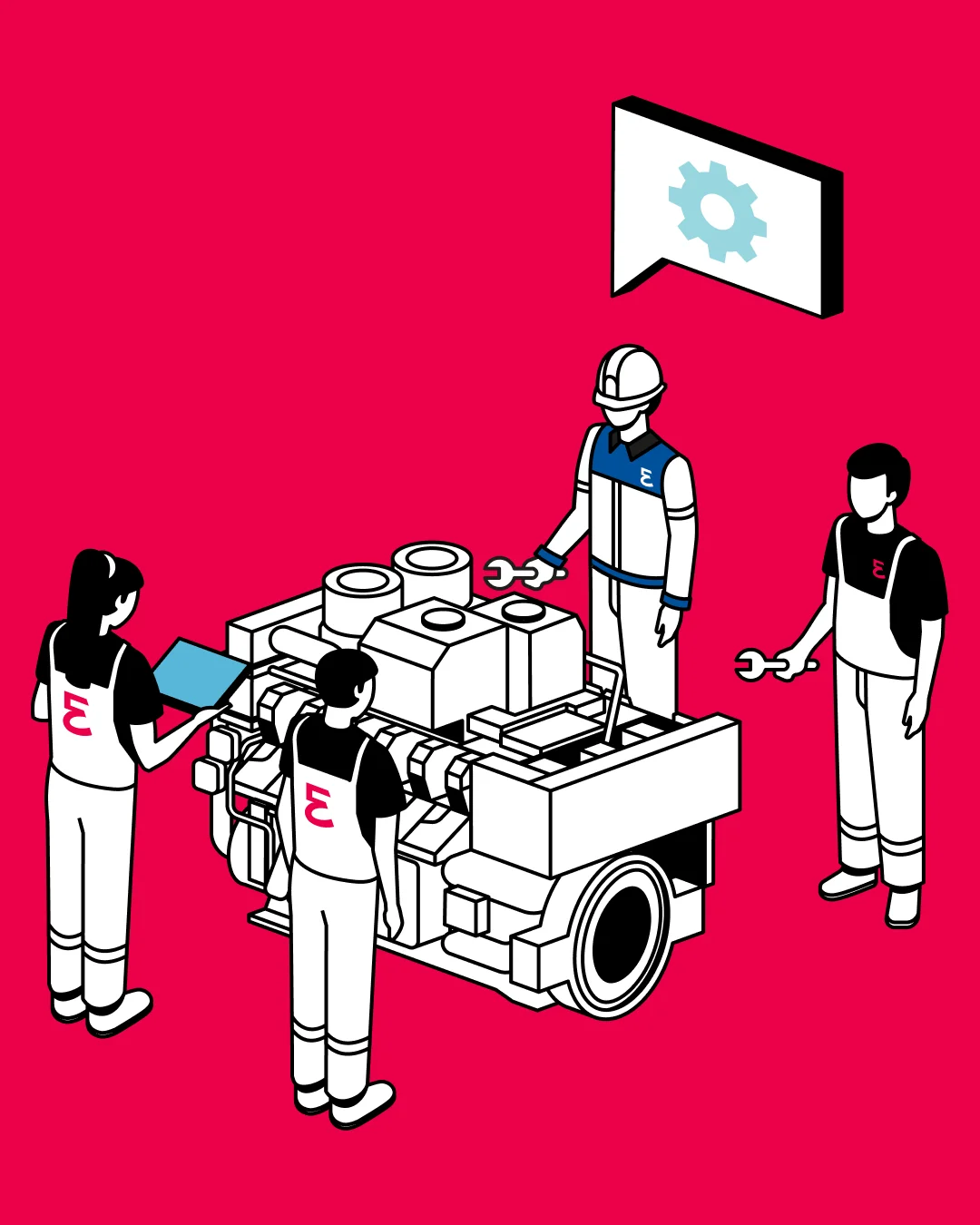 Illustrated team training around an engine on red background