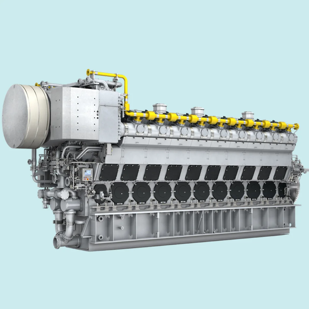 Render of a 51/60 engine with yellow gas rails and detailed cylinder head components.