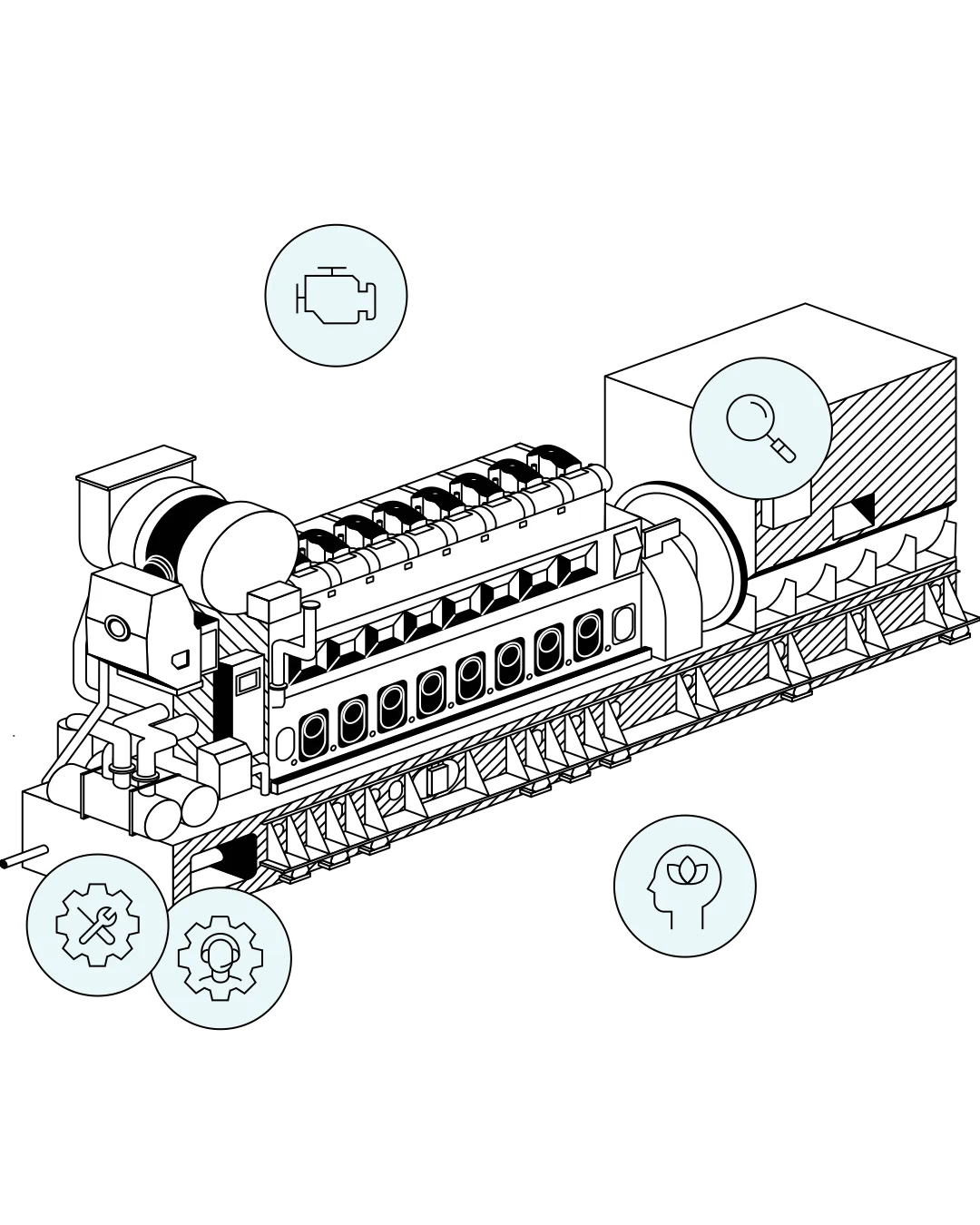 Technical line drawing of a large industrial engine with multiple cylinders, shown in isometric view. Surrounding the engine are light blue circular icons representing engine monitoring, inspection, maintenance, and expertise.