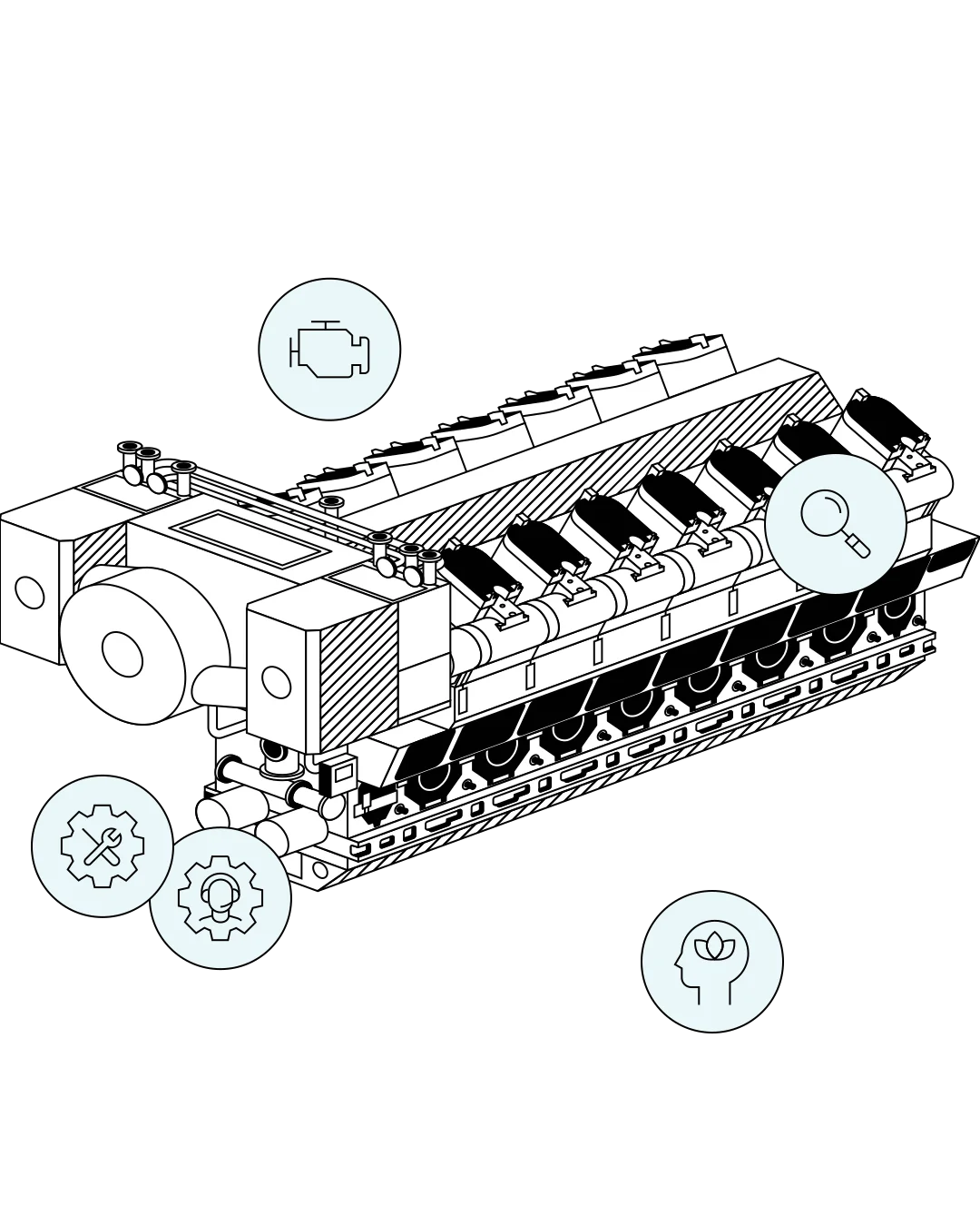 Isometric technical illustration of a multi-cylinder industrial engine, including detailed components and piping. Light blue circular icons around the engine symbolize diagnostics, inspection, service, and expert support.