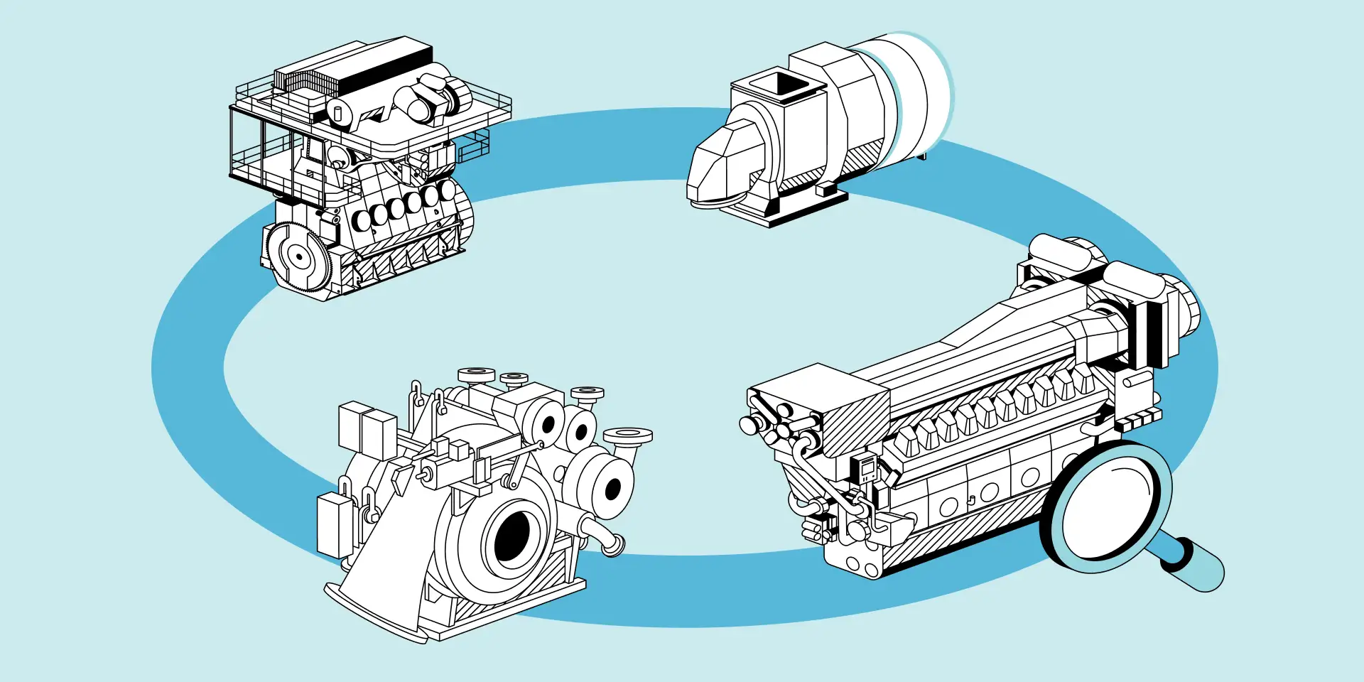 Line illustration showing interconnected industrial engines, turbines, compressors, and turbochargers in a circular system.