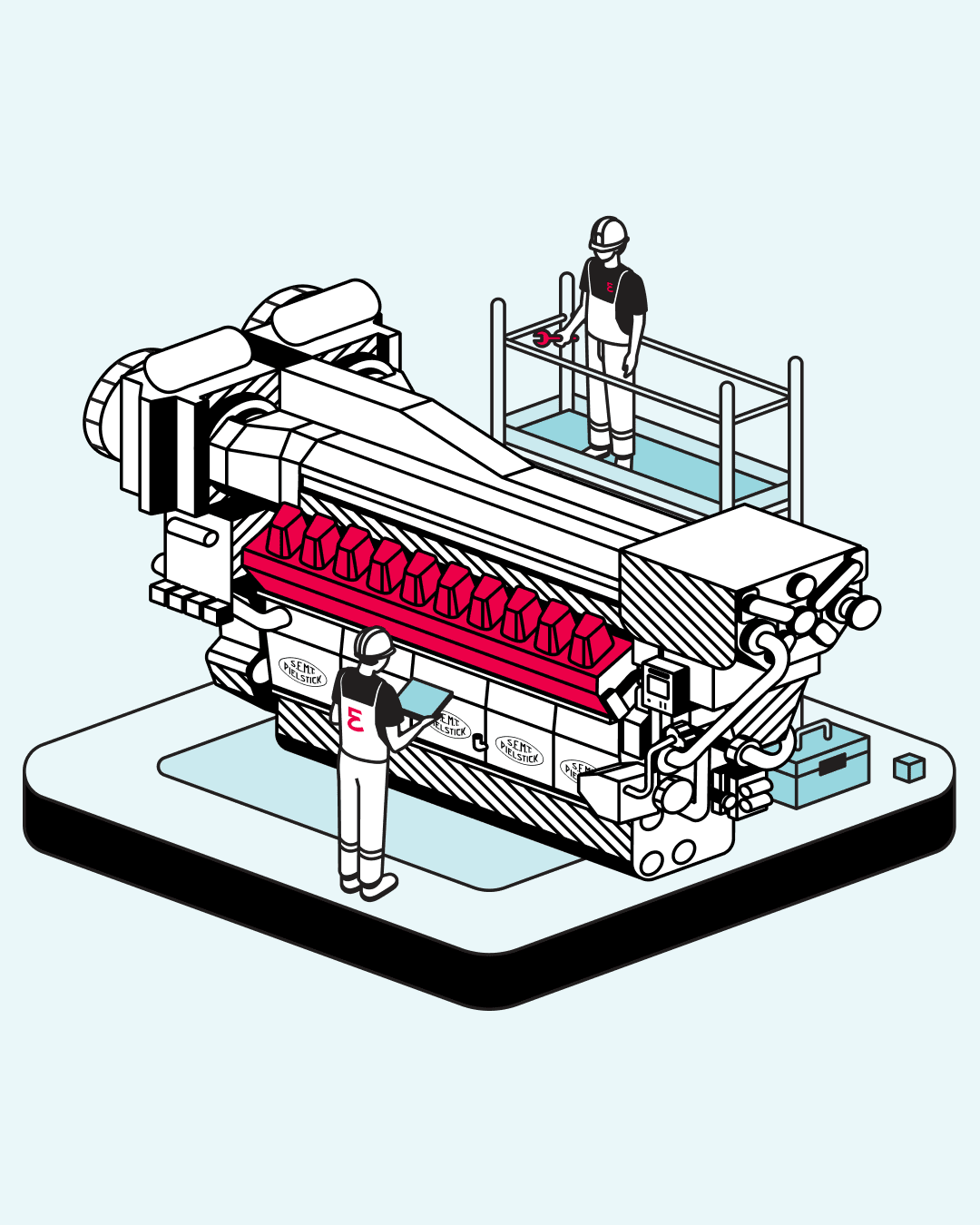 Illustration of technicians servicing a SEMT Pielstick engine with highlighted cylinder components.