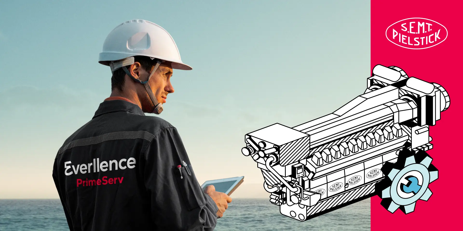 Everllence service engineer with a tablet llooking at the sea